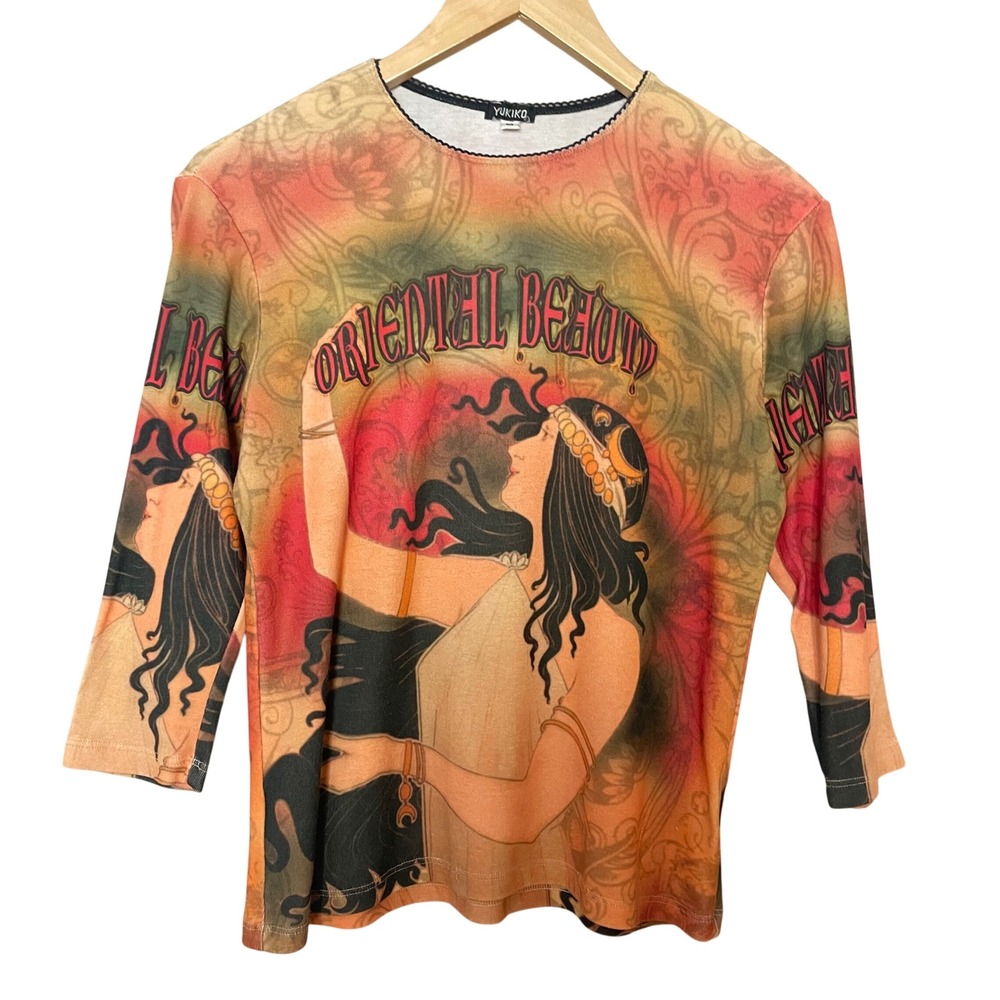 Y2K Art Graphic Shirt Vintage Women Size Medium Top 3/4 Length Sleeves Yukiko